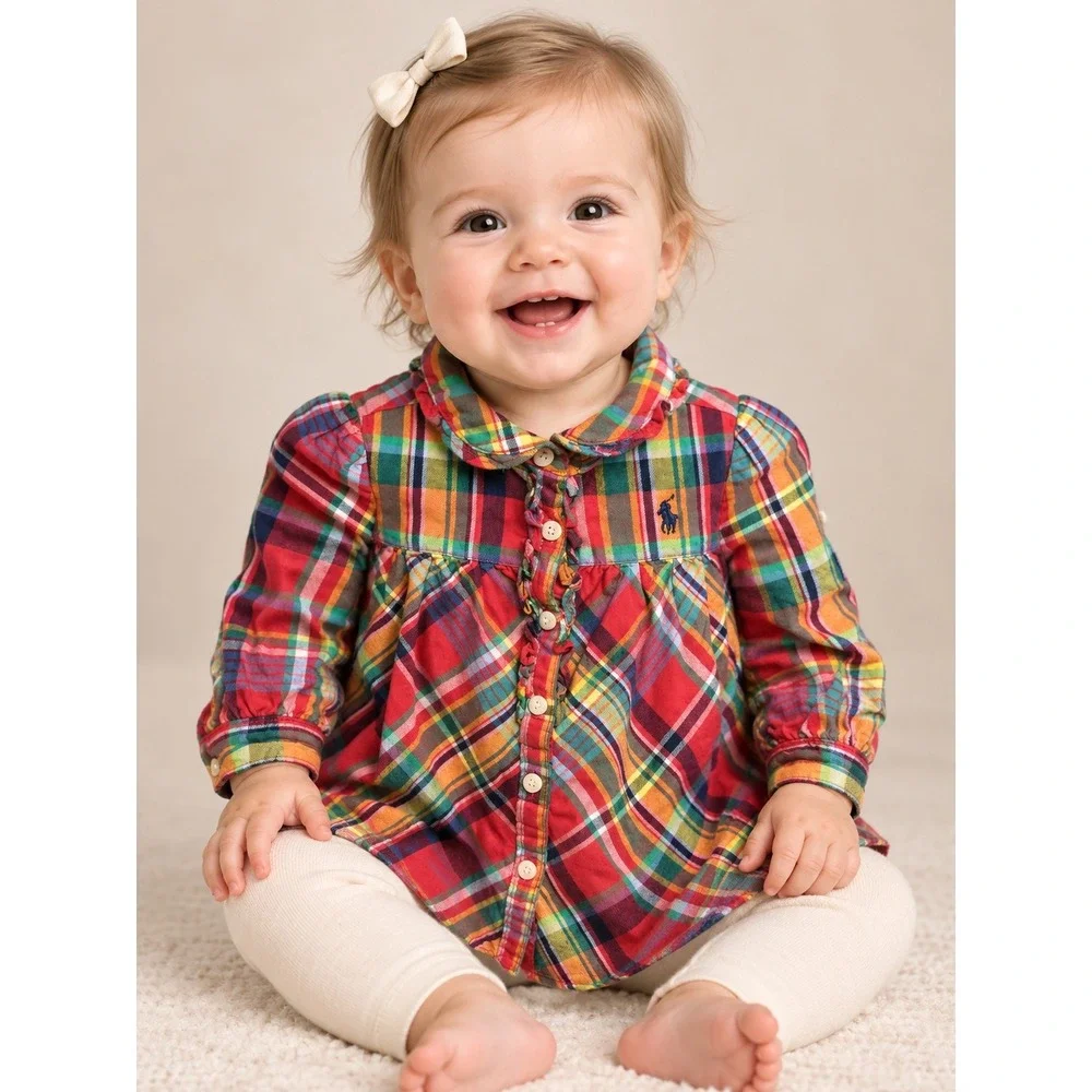Ralph Lauren Baby Girls 9M Plaid Ruffle Button-Front Tunic Top Multicolor